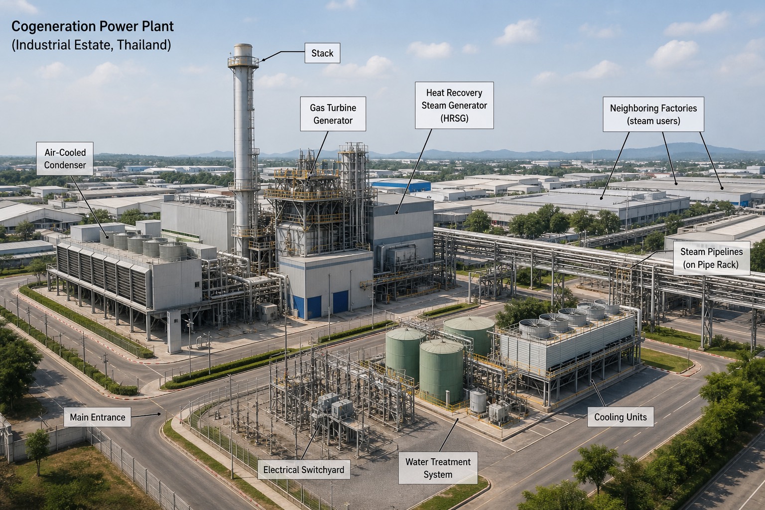 โรงไฟฟ้า SPP แบบ cogeneration ในนิคมอุตสาหกรรม เห็นท่อไอน้ำวางบนแร็คส่งไปยังโรงงานเพื่อนบ้าน