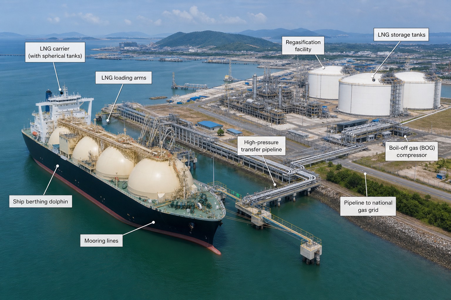 เรือขนส่ง LNG ถังทรงกลมเทียบท่าที่คลังรับก๊าซ เห็นถังเก็บ LNG ขนาดใหญ่และโรงงานแปรสภาพก๊าซคืน