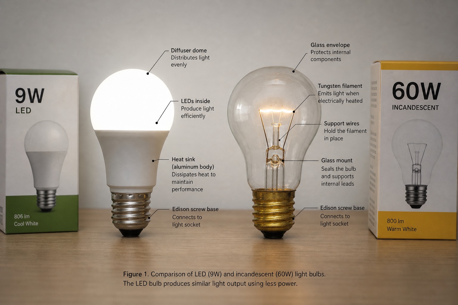 เปรียบเทียบหลอด LED 9 วัตต์ที่สว่างจ้ากับหลอดไส้ 60 วัตต์แบบดั้งเดิมวางคู่กันบนโต๊ะ
